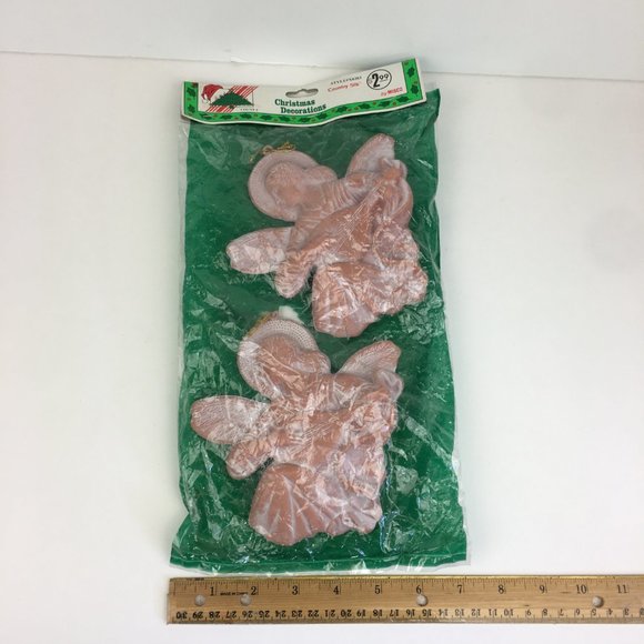Vtg Christmas by Misco 2 Ornaments Plastic Angels Instrument Brown Country Silk - Picture 1 of 10